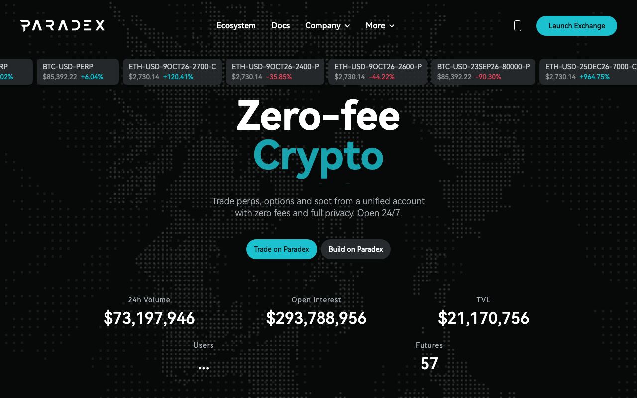 Paradex interface screenshot
